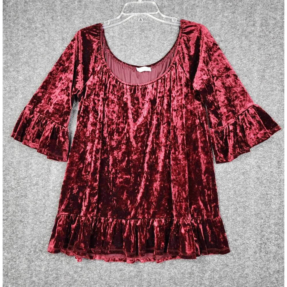BeachLunchLounge Blouse Womens XL Burgundy Crushed Velvet Ruffle Bell Sleeve